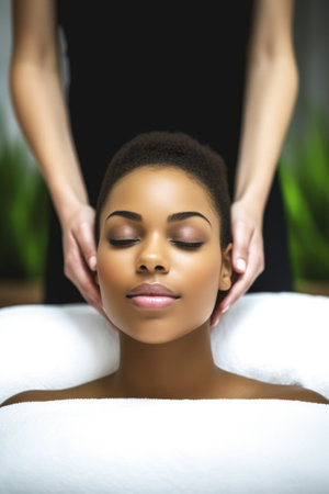 shot of a young woman enjoying a massage at the spa, created with generative aiの素材