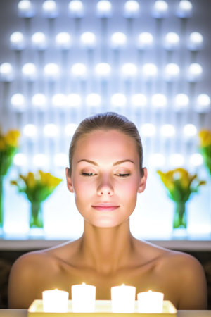 shot of a young woman enjoying some pampering at a spa, created with generative aiの素材