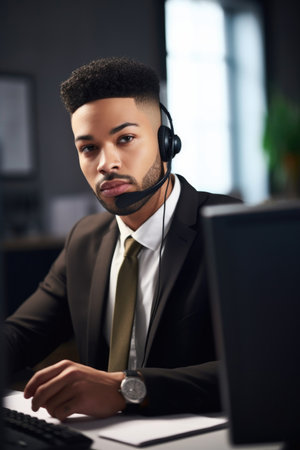 shot of a young male customer service agent working at his desk, created with generative aiの素材