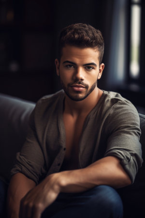 shot of a handsome young man sitting at home and relaxing on his sofa, created with generative aiの素材