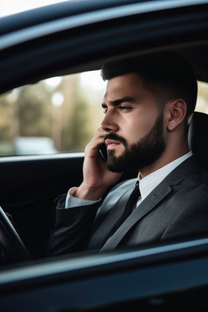 cropped shot of a man making a phone call while sitting in his car, created with generative aiの素材