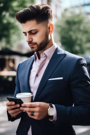 cropped shot of a handsome young businessman using his smartphone and having coffee outdoors, created with generative aiの素材