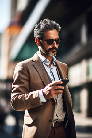 cropped shot of a businessman using his cellphone while traveling in the city, created with generative aiの素材