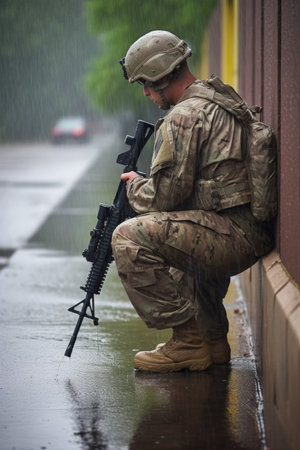 shot of a soldier checking his rifle while standing in the rain, created with generative aiの素材