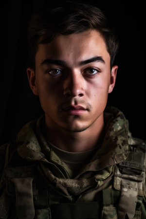 a cropped portrait of a handsome young soldier in army gear, created with generative aiの素材
