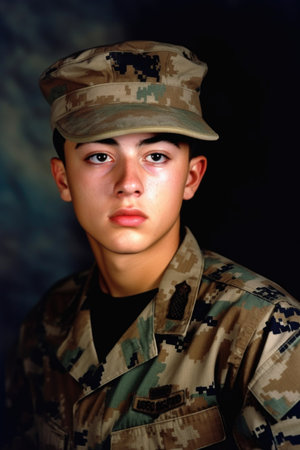 shot of a young marine standing in his camouflage uniform, created with generative aiの素材