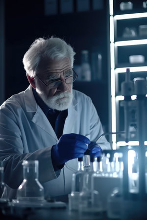 shot of a mature male scientist conducting an experiment in his lab, created with generative aiの素材