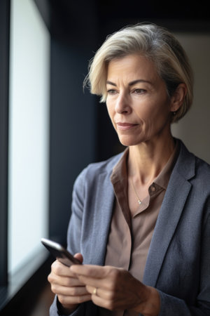 portrait of a mature academic woman using her cellphone in the office, created with generative aiの素材