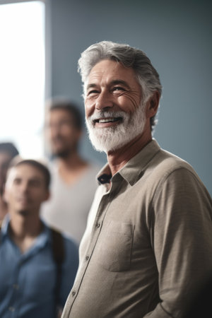 shot of a mature professor standing and smiling at his students while they work in class, created with generative aiの素材