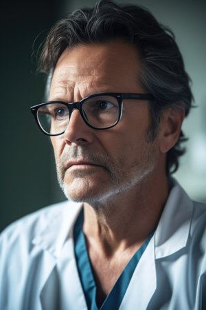 shot of a mature male doctor wearing glasses and looking thoughtful, created with generative aiの素材