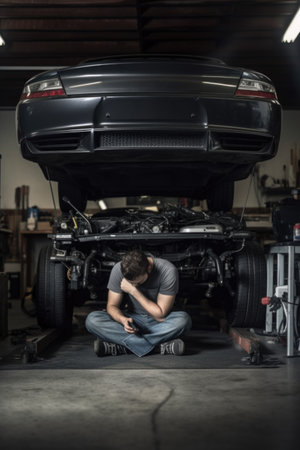 full length shot of an unrecognizable young man working on his car in a garage, created with generative aiの素材