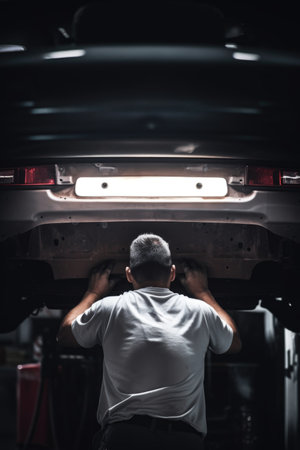 rearview shot of an unrecognizable man working on a car, created with generative aiの素材