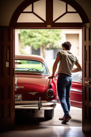 rearview shot of a young man getting into his classic car at home, created with generative aiの素材