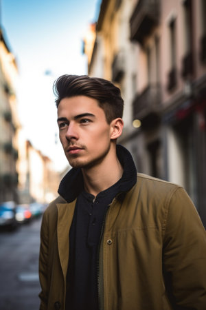 portrait of a handsome young man in a cityscape, created with generative aiの素材