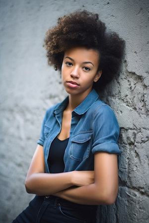 portrait of a confident young woman in urban attire leaning against a wall, created with generative aiの素材