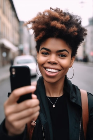 black woman, phone and smile selfie in city for travel, social media or vlogging, created with generative aiの素材