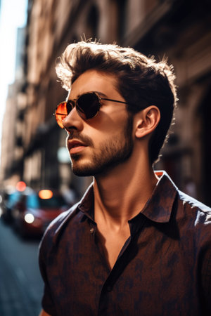 shot of a handsome young man wearing sunglasses while walking through the city, created with generative aiの素材