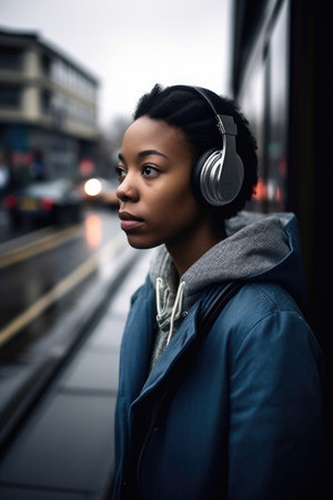 shot of a young woman wearing headphones on the way to work, created with generative aiの素材