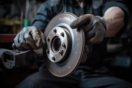 shot of a mechanic holding the wheel and brakes, created with generative aiの素材