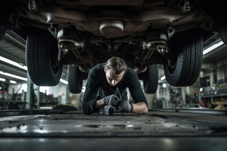 shot of a mechanic working on the undercarriage of a car, created with generative aiの素材