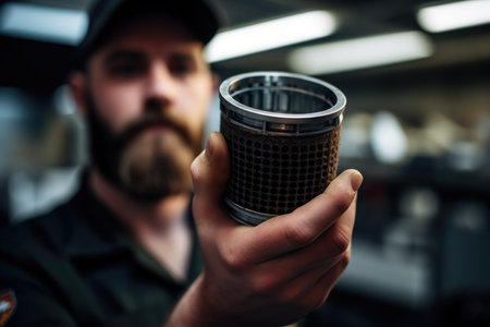 shot of a mechanic holding up an oil filter at a service station, created with generative aiの素材