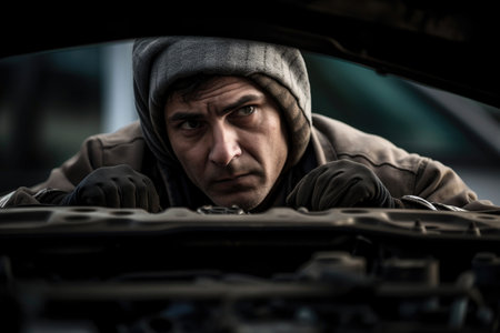 shot of a mechanic looking under the hood of a car, created with generative aiの素材