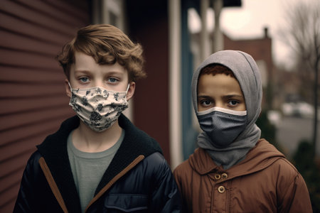 shot of two young friends standing outside and wearing face masks, created with generative aiの素材