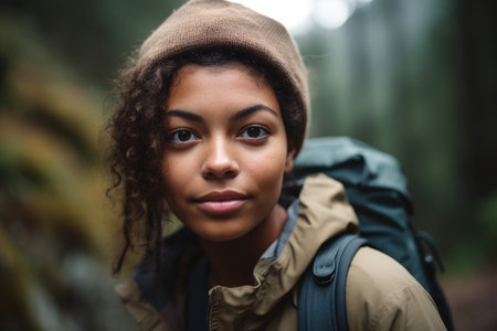 cropped shot of a young woman out on a hike, created with generative aiの素材