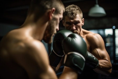 fitness, man and boxing training with a trainer to do exercise in boxing gym, created with generative aiの素材