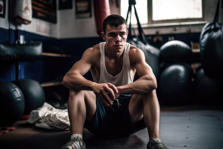 a young boxer sitting in a gym and getting ready for his next fight, created with generative aiの素材