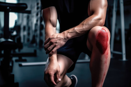man, knee and pain in gym after exercise or workout accident with blood on the floor, created with generative aiの素材