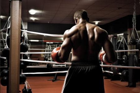 man, back and boxer in gym ready for boxing workout or training at a health club, created with generative aiの素材