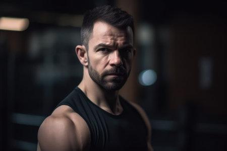 Athlete ready to start endurance training in a gym, created with generative aiの素材