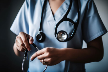 shot of an unrecognizable doctor holding a stethoscope at work, created with generative aiの素材