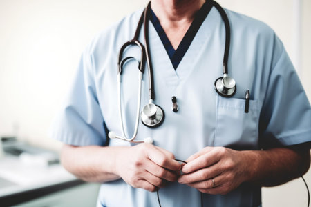 shot of an unrecognizable male doctor standing with a stethoscope around his neck in the hospital, created with generative aiの素材