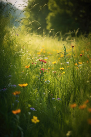 a photo of the green grass and wildflowers in nature, created with generative aiの素材