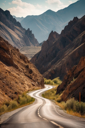 rearview shot of a winding road through the mountains, created with generative aiの素材