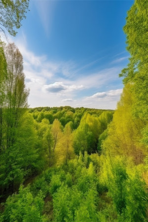 stunning landscape of a lush green forest and trees against a blue sky with copyspace, created with generative aiの素材