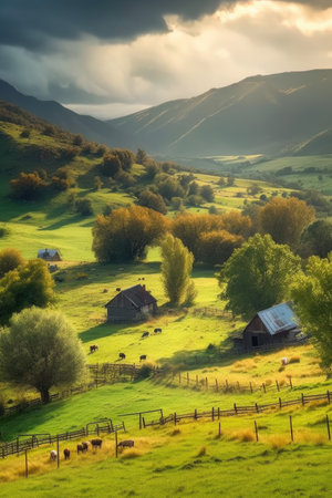 amazing scenic view of the countryside featuring a farm, created with generative aiの素材