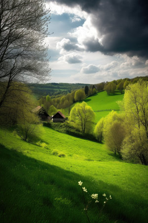 beautiful view of the lush green fields in nature during springtime, created with generative aiの素材