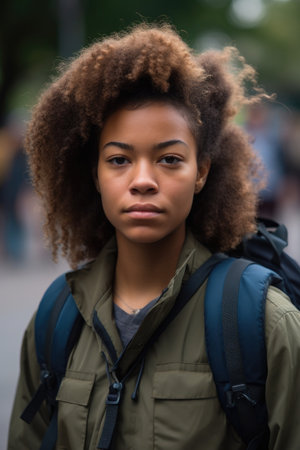 a young woman wearing a backpack standing outside, created with generative aiの素材