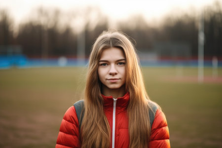 portrait of a young woman standing on a sports field, created with generative aiの素材