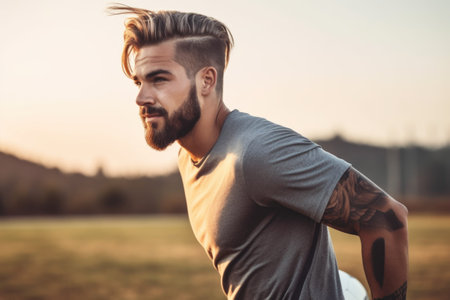 shot of a handsome young man playing football on the field, created with generative aiの素材