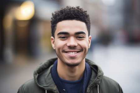 young happy mixed race man looking at the camera while standing outside, created with generative aiの素材