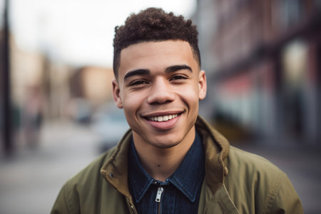 young happy mixed race man looking at the camera while standing outside, created with generative aiの素材