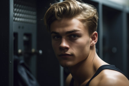 cropped shot of a handsome young man in the locker room, created with generative aiの素材