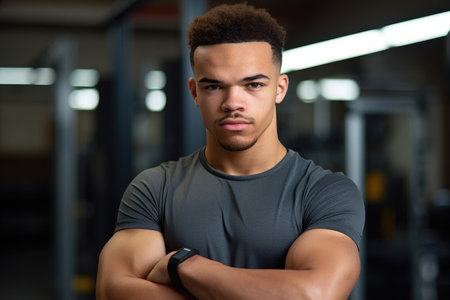 cropped shot of a young male athlete standing with his arms crossed, created with generative aiの素材