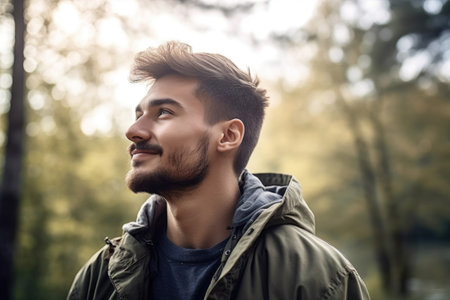 shot of a young man enjoying a day outdoors, created with generative aiの素材