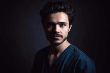 portrait of a handsome young doctor standing against a dark background, created with generative aiの素材