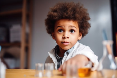 portrait of a little boy with an afro at his science lab, created with generative aiの素材